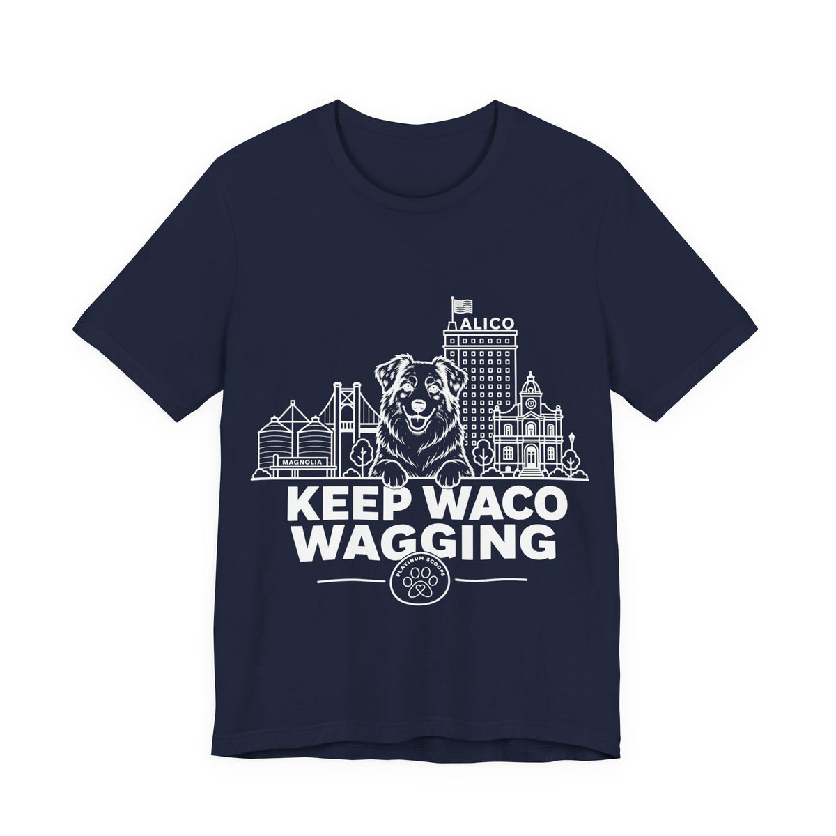 Keep Waco Wagging — Australian Shepherd and Waco skyline artwork on Navy tee