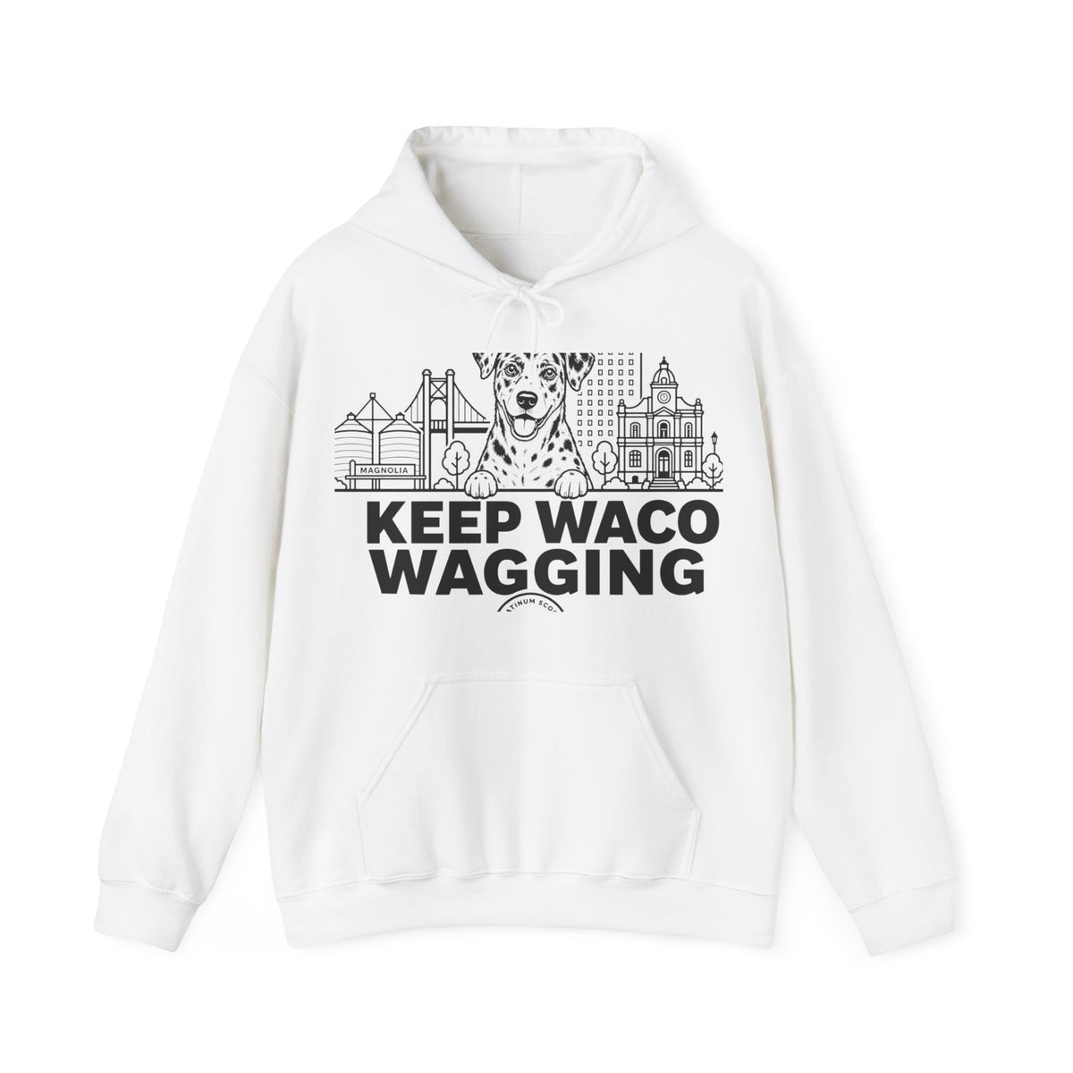 Waco Catahoula Hoodie — Catahoula and Waco skyline artwork on White hoodie