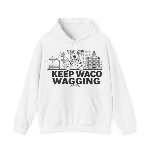 Waco Catahoula Hoodie — Catahoula and Waco skyline artwork on White hoodie