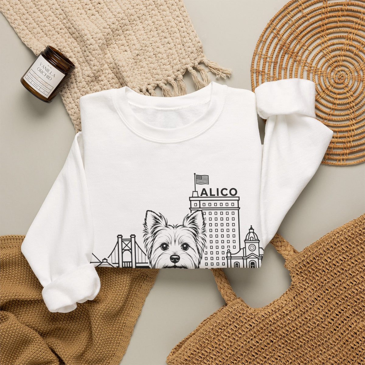 Waco Yorkie Sweatshirt — Yorkie and Waco skyline artwork, packaging or scale reference