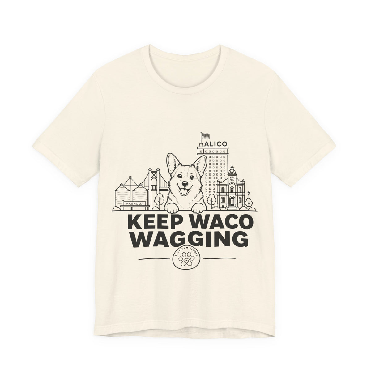Keep Waco Wagging — Corgi and Waco skyline artwork on Natural tee