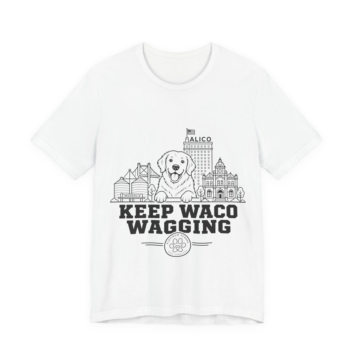 Keep Waco Wagging Golden Retriever Edition — Golden Retriever and Waco skyline artwork on White tee