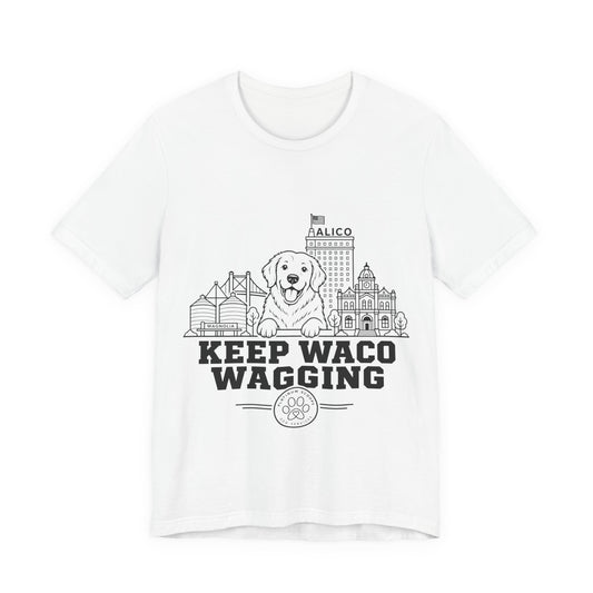 Keep Waco Wagging Golden Retriever Edition — Golden Retriever and Waco skyline artwork on White tee