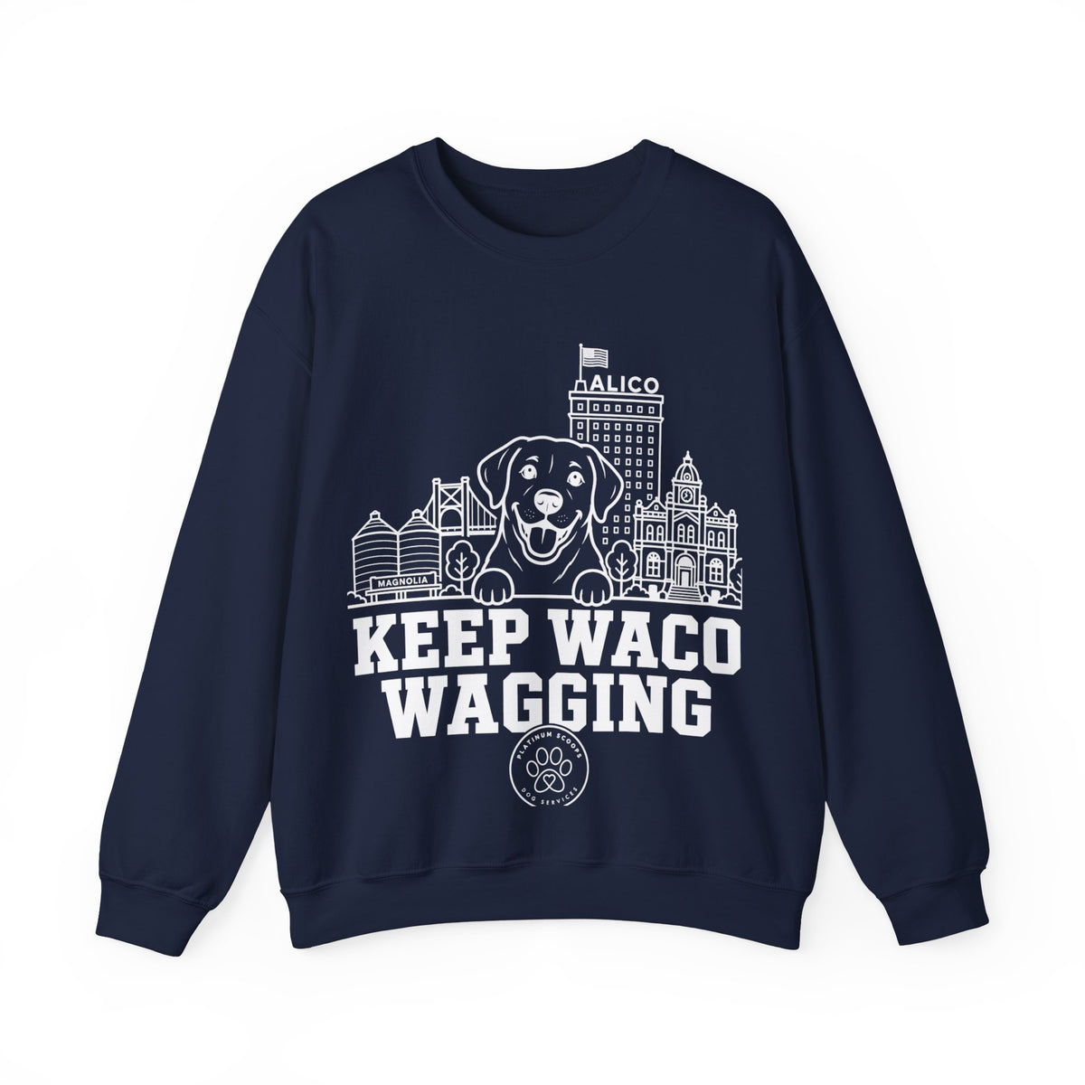 Waco Labrador Sweatshirt — Labrador and Waco skyline artwork on Navy crewneck