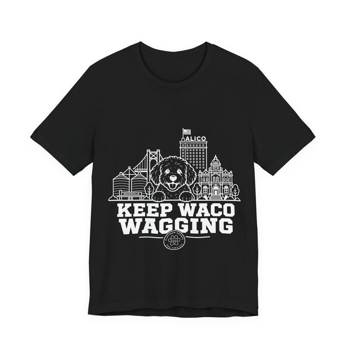 Keep Waco Wagging Maltipoo Edition — Maltipoo and Waco skyline artwork on Black tee