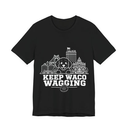 Keep Waco Wagging Maltipoo Edition — Maltipoo and Waco skyline artwork on Black tee