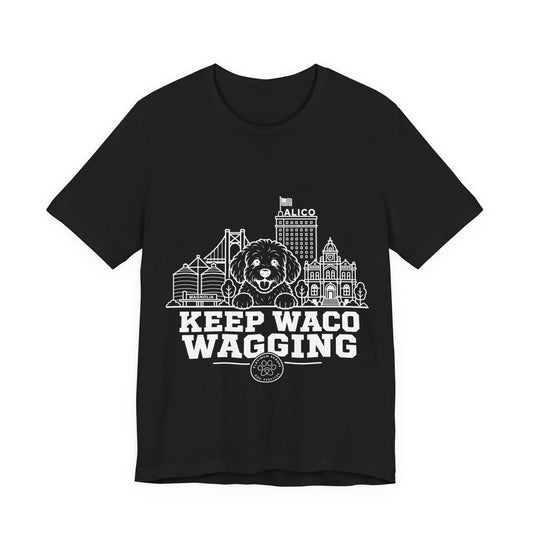 Keep Waco Wagging Maltipoo Edition — Maltipoo and Waco skyline artwork on Black tee