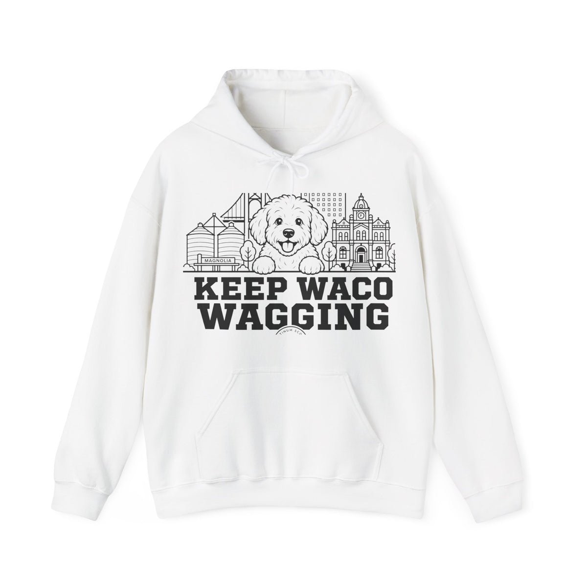 Waco Maltipoo Hoodie — Maltipoo and Waco skyline artwork on White hoodie