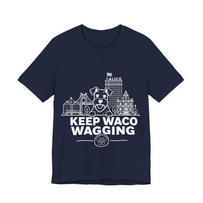 Keep Waco Wagging Schnauzer Edition — Schnauzer and Waco skyline artwork on Navy tee