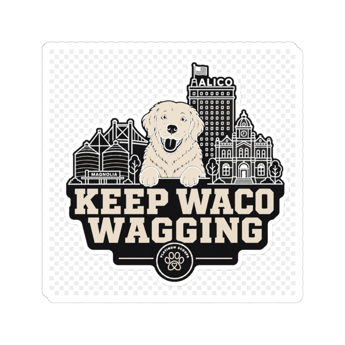 Keep Waco Wagging golden skyline sticker — vinyl sticker, packaging or scale reference