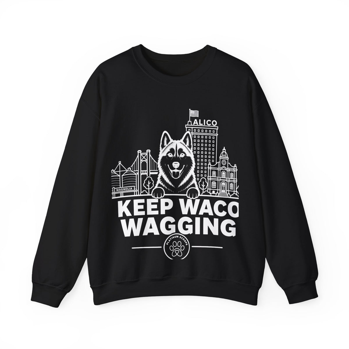 Waco Siberian Husky Sweatshirt — Siberian Husky and Waco skyline artwork on Black crewneck