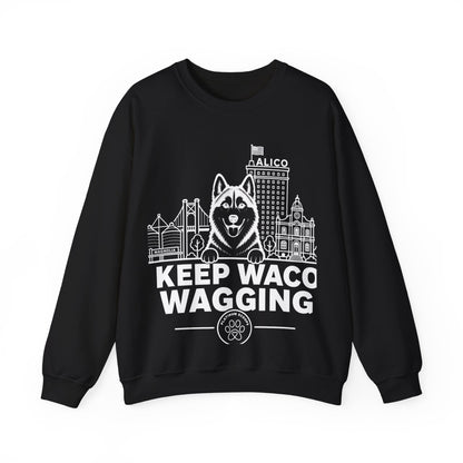 Waco Siberian Husky Sweatshirt — Siberian Husky and Waco skyline artwork on Black crewneck