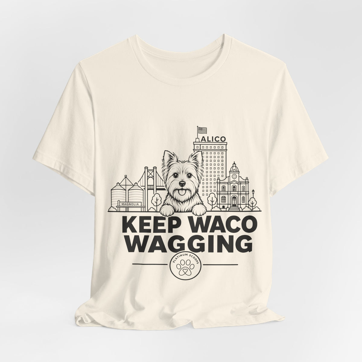 Keep Waco Wagging — Yorkie and Waco skyline artwork, packaging or scale reference