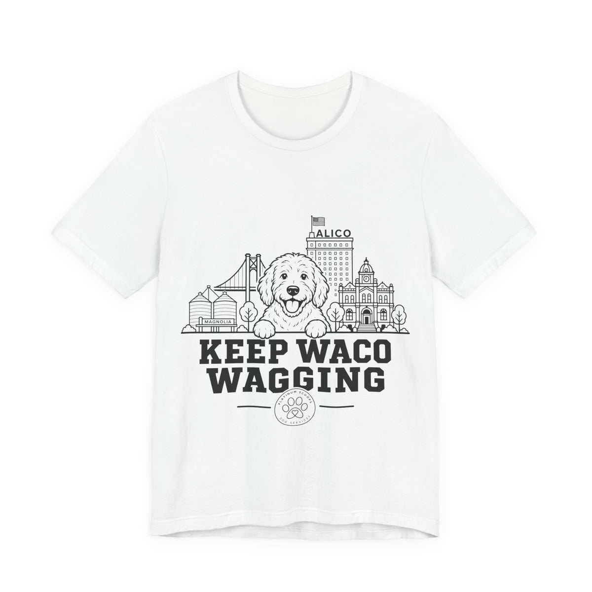 Keep Waco Wagging Doodle Edition — Doodle and Waco skyline artwork on White tee