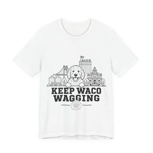 Keep Waco Wagging Doodle Edition — Doodle and Waco skyline artwork on White tee