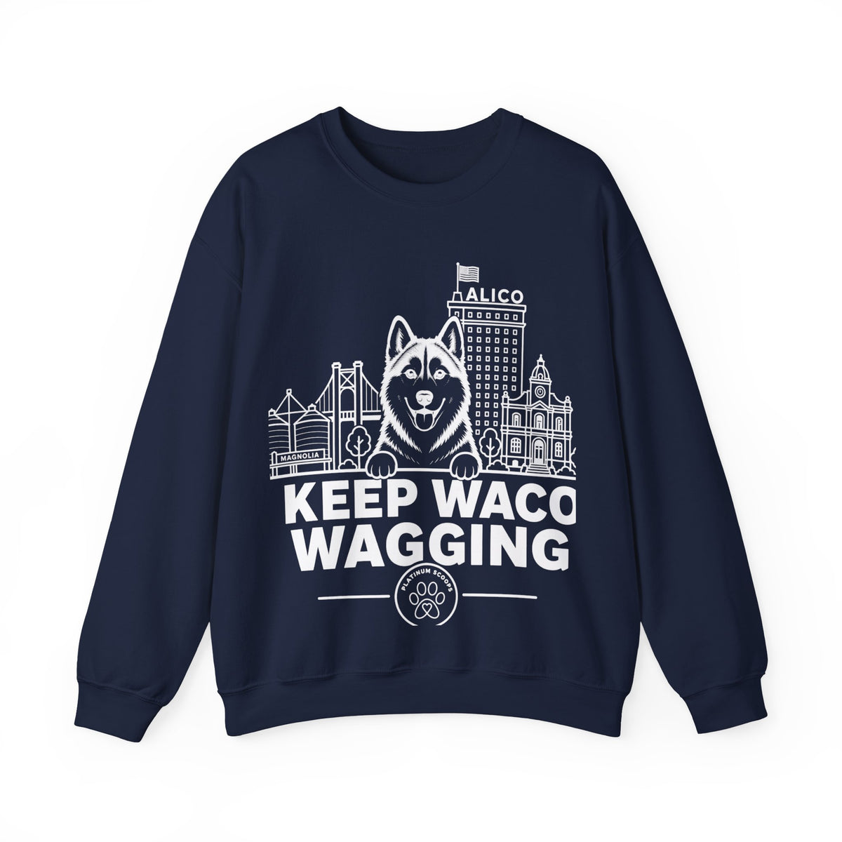 Waco Siberian Husky Sweatshirt — Siberian Husky and Waco skyline artwork on Navy crewneck