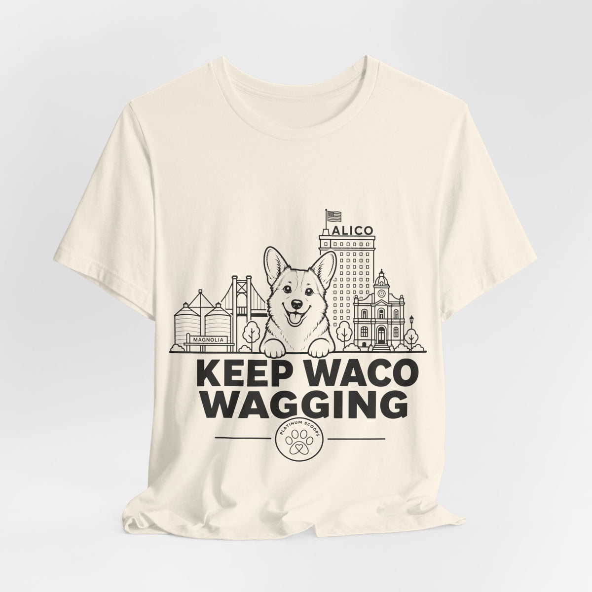 Keep Waco Wagging — Corgi and Waco skyline artwork, packaging or scale reference