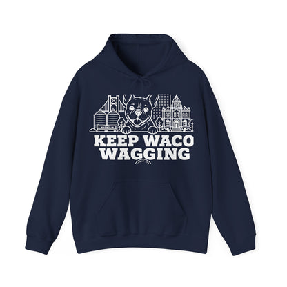 Waco Frenchie Hoodie — Frenchie and Waco skyline artwork on Navy hoodie