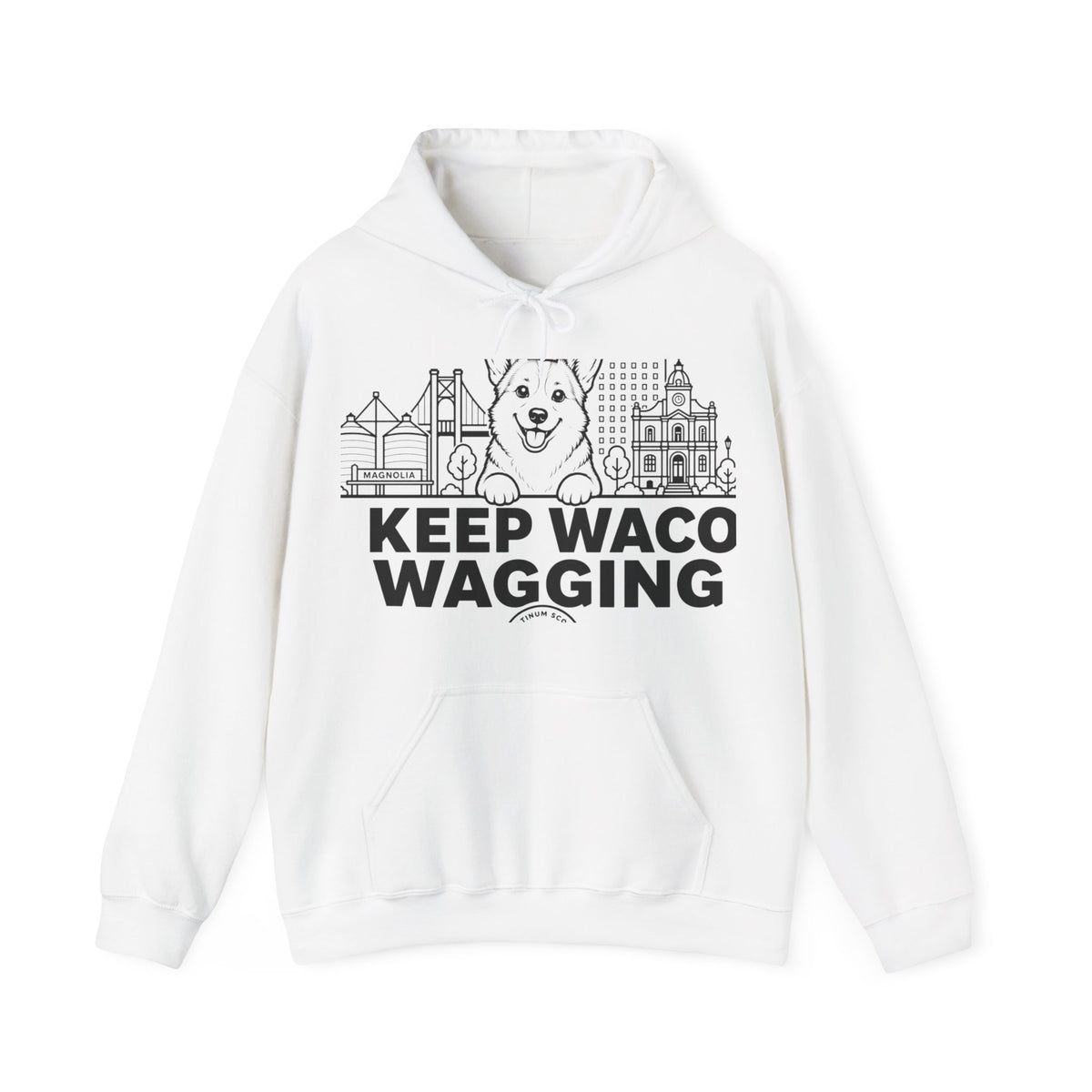 Waco Corgi Hoodie — Corgi and Waco skyline artwork on White hoodie