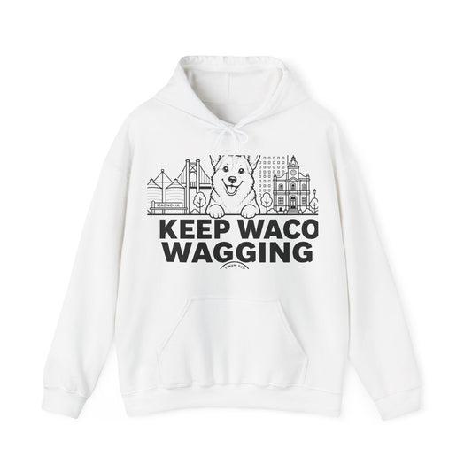 Waco Corgi Hoodie — Corgi and Waco skyline artwork on White hoodie