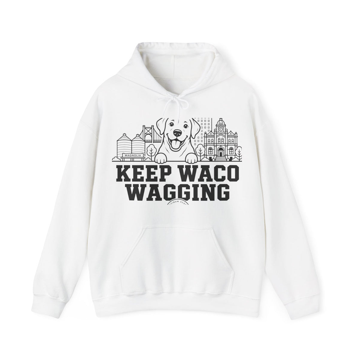 Waco Labrador Hoodie — Labrador and Waco skyline artwork on White hoodie