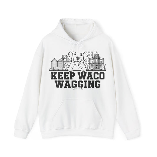 Waco Labrador Hoodie — Labrador and Waco skyline artwork on White hoodie
