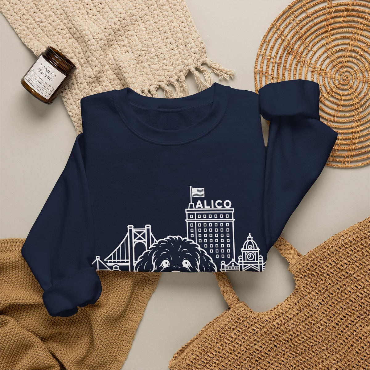 Waco Maltipoo Sweatshirt — Maltipoo and Waco skyline artwork, packaging or scale reference