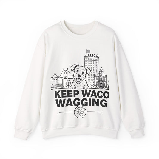 Waco Rescue Mutt Sweatshirt — Rescue Mutt and Waco skyline artwork on White crewneck