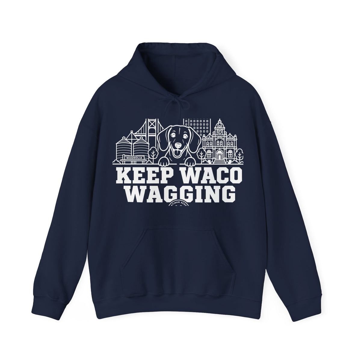 Waco Dachshund Hoodie — Dachshund and Waco skyline artwork on Navy hoodie
