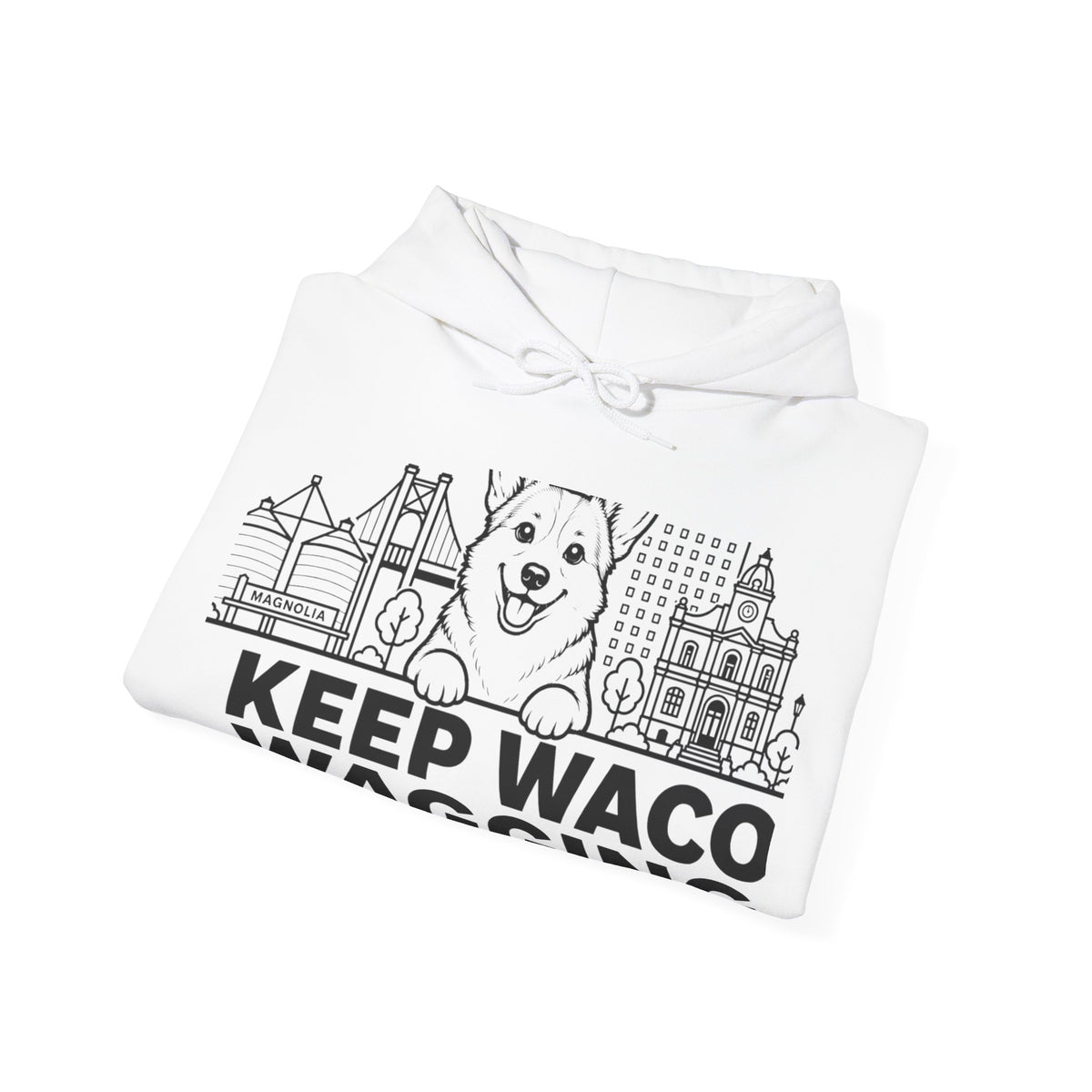Waco Corgi Hoodie — Corgi and Waco skyline artwork, packaging or scale reference
