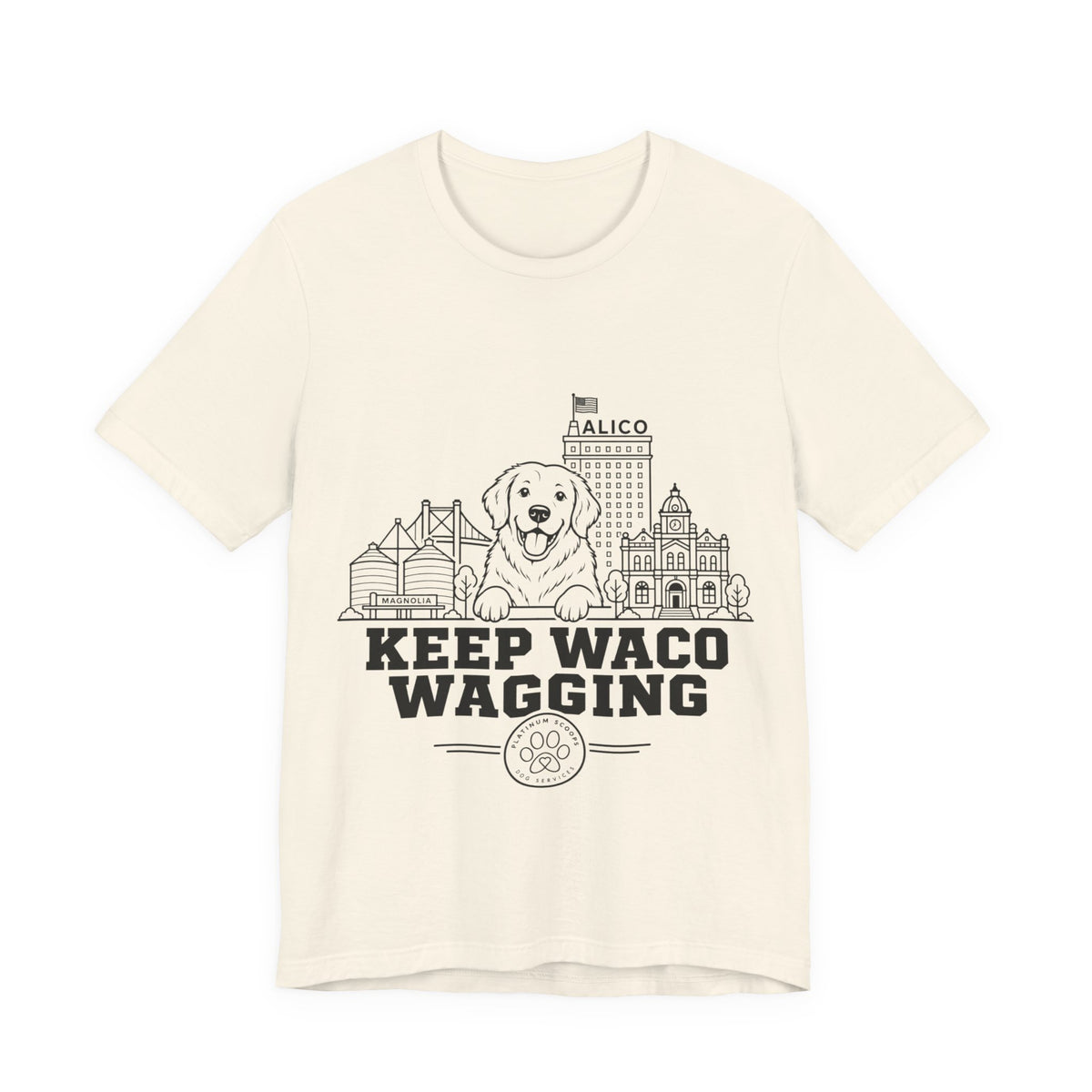 Keep Waco Wagging Golden Retriever Edition — Golden Retriever and Waco skyline artwork on Natural tee