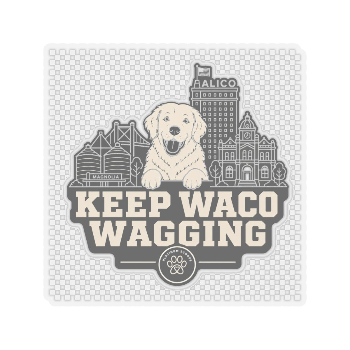 Keep Waco Wagging golden skyline sticker — vinyl sticker, close-up of artwork