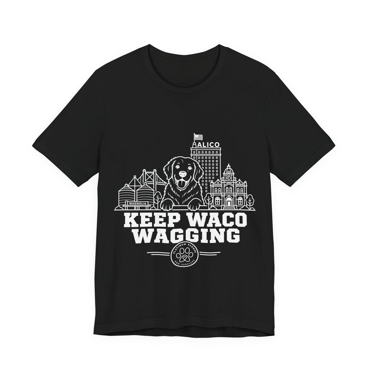 Keep Waco Wagging Golden Retriever Edition — Golden Retriever and Waco skyline artwork on Black tee