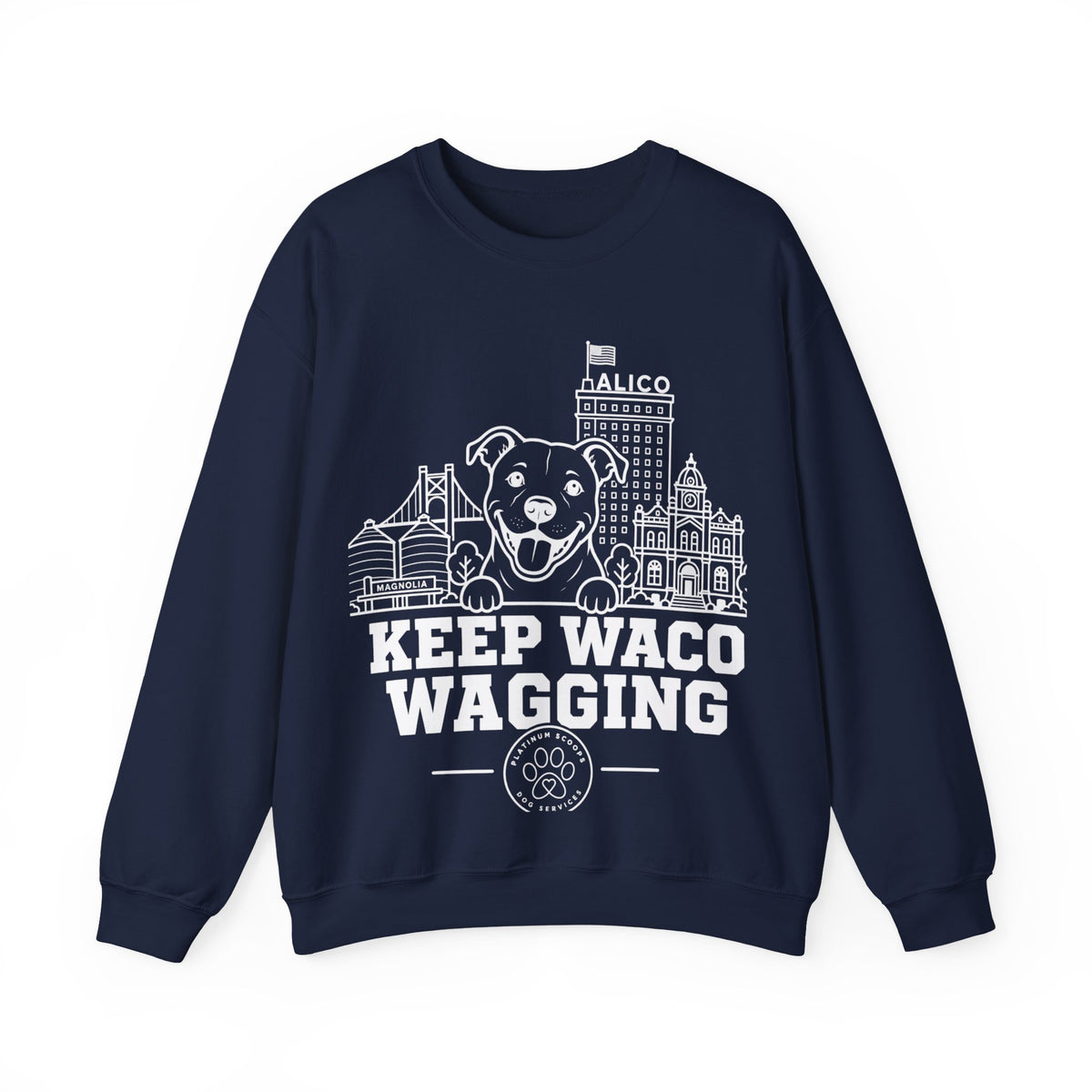Waco Pittie Sweatshirt — Pittie and Waco skyline artwork on Navy crewneck
