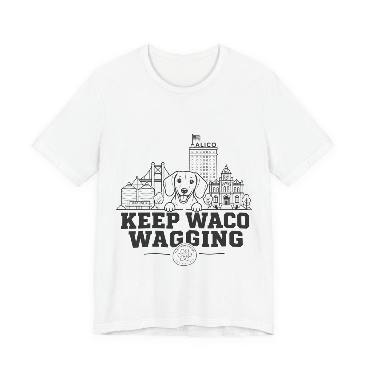 Keep Waco Wagging Dachshund Edition — Dachshund and Waco skyline artwork on White tee