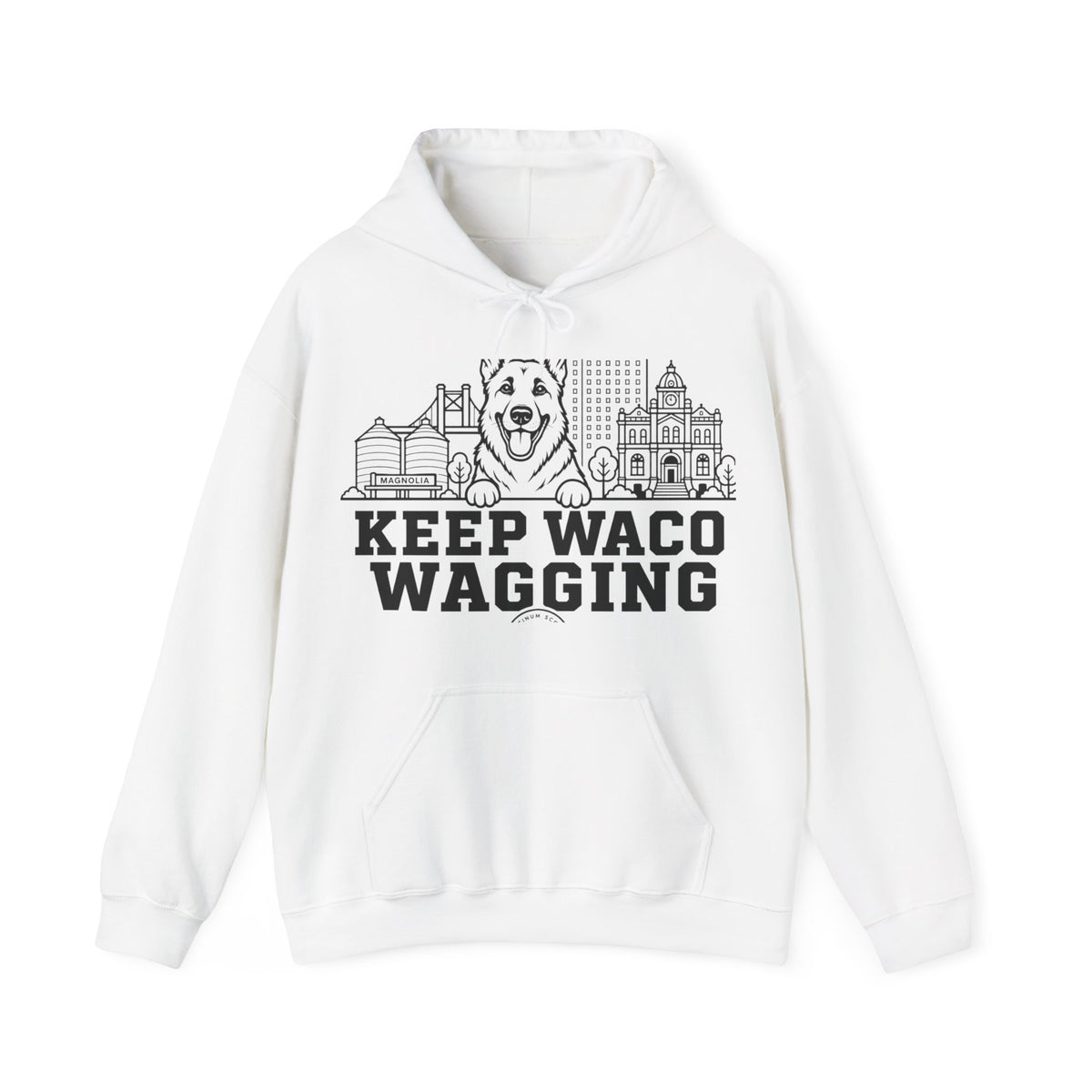 Waco German Shepherd Hoodie — German Shepherd and Waco skyline artwork on White hoodie