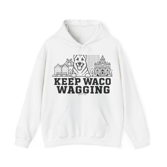 Waco German Shepherd Hoodie — German Shepherd and Waco skyline artwork on White hoodie