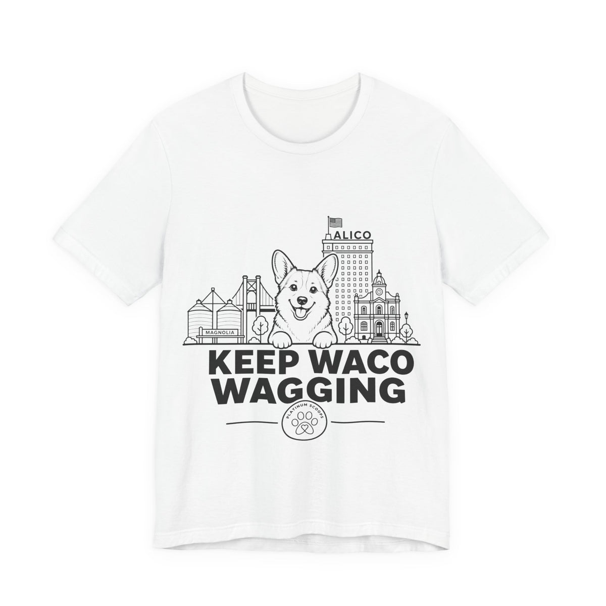 Keep Waco Wagging — Corgi and Waco skyline artwork on White tee