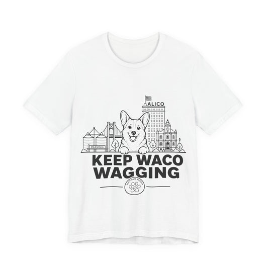 Keep Waco Wagging — Corgi and Waco skyline artwork on White tee