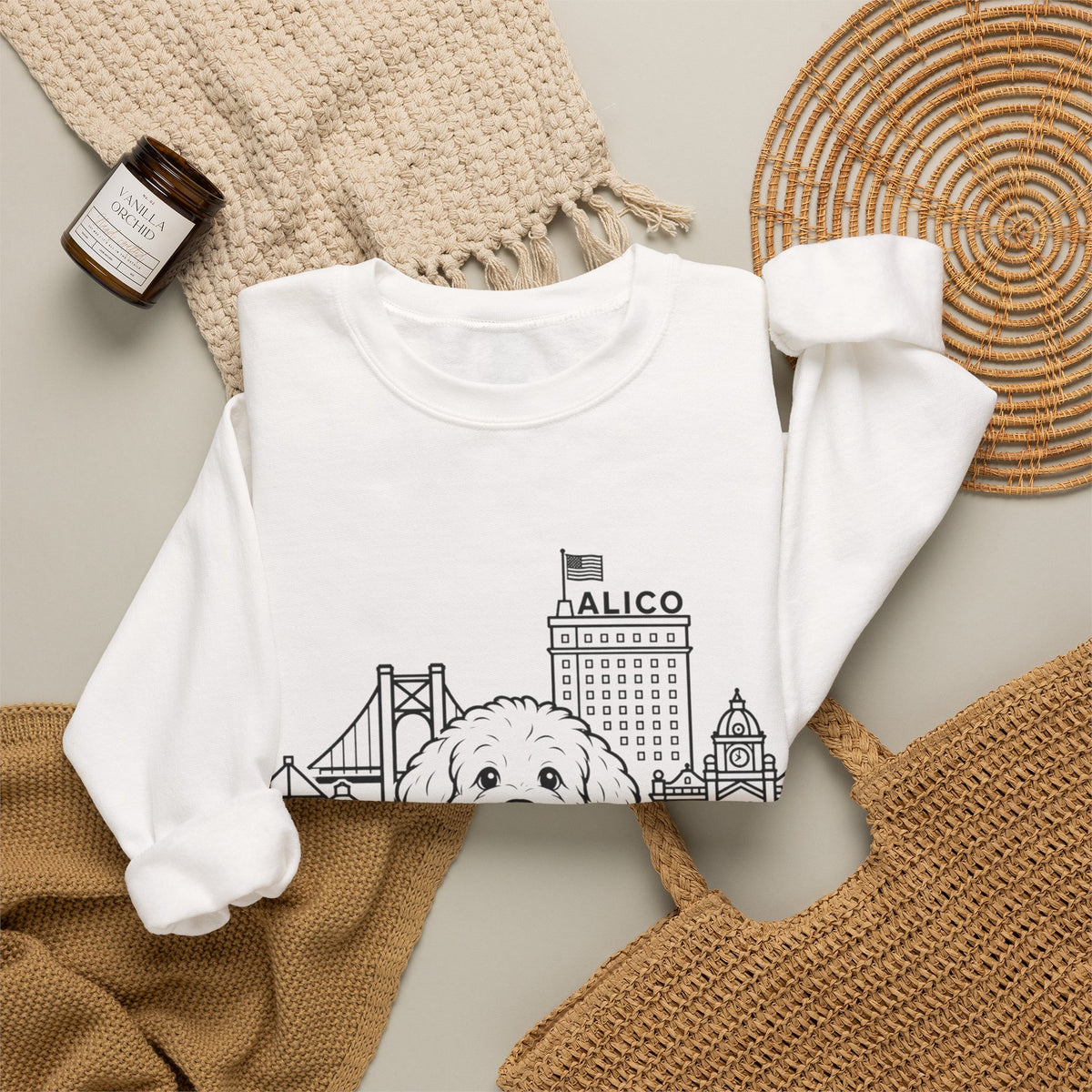 Waco Maltipoo Sweatshirt — Maltipoo and Waco skyline artwork, packaging or scale reference