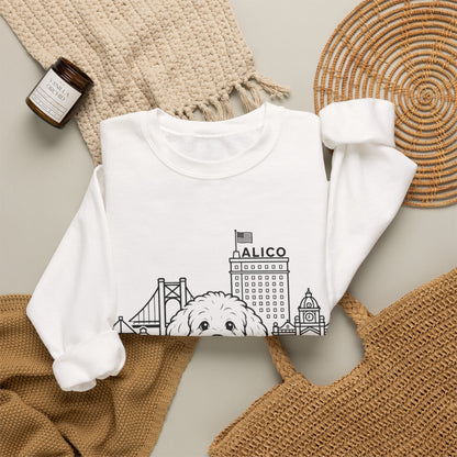 Waco Maltipoo Sweatshirt — Maltipoo and Waco skyline artwork, packaging or scale reference