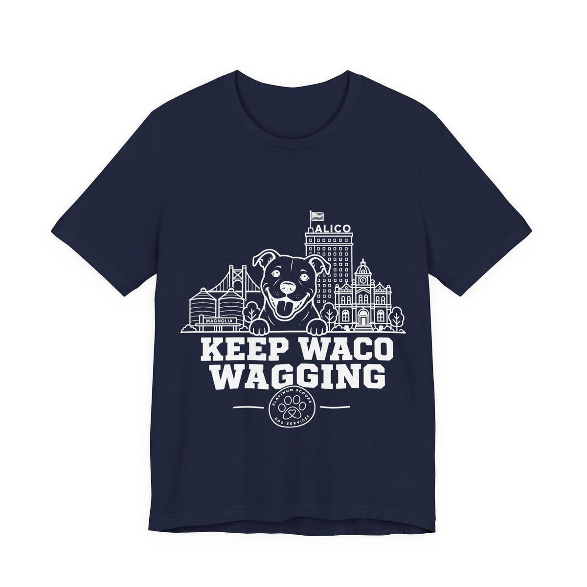 Keep Waco Wagging Pittie Edition — Pittie and Waco skyline artwork on Navy tee