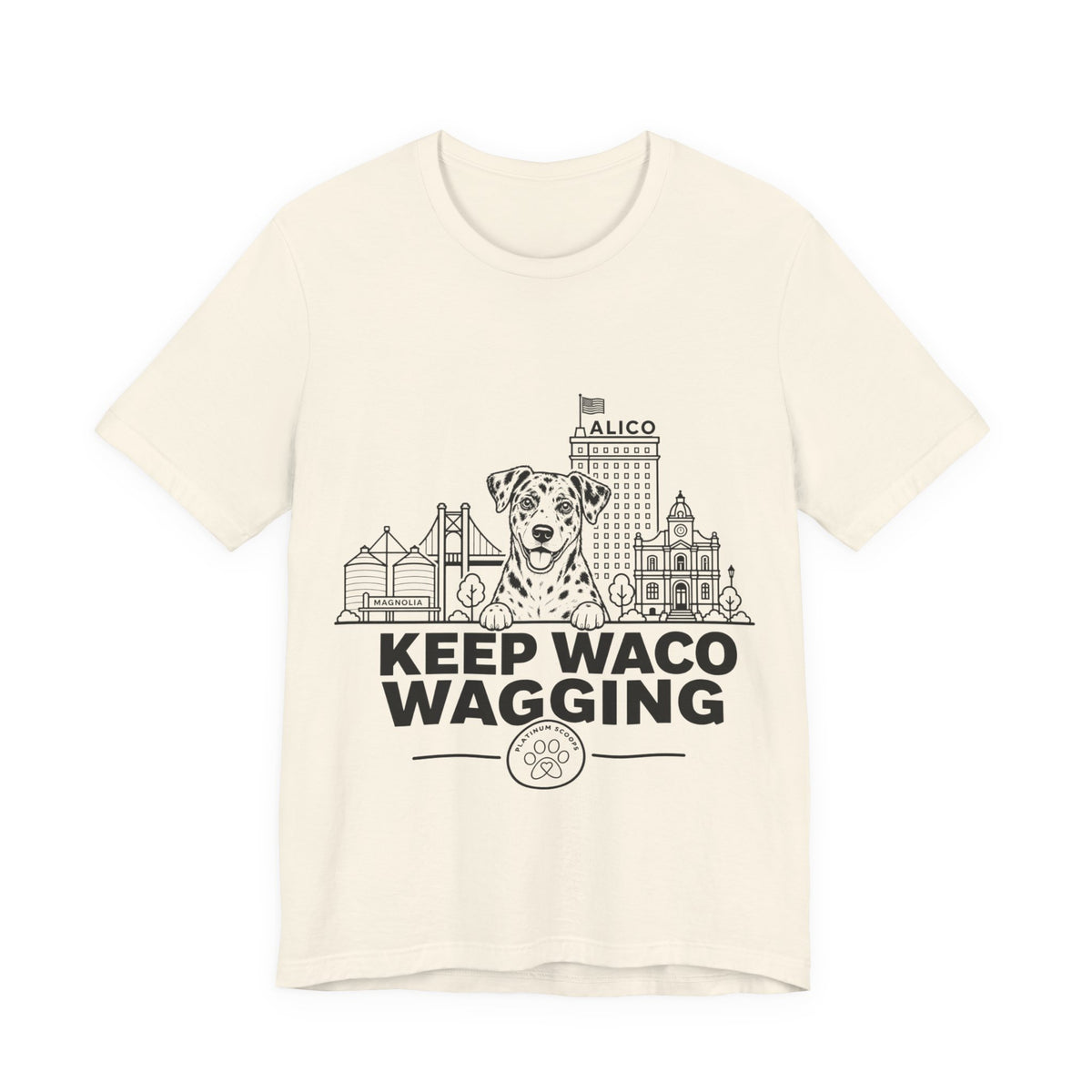 Keep Waco Wagging — Catahoula and Waco skyline artwork on Natural tee