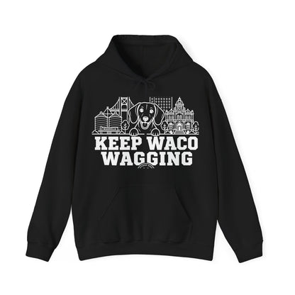 Waco Dachshund Hoodie — Dachshund and Waco skyline artwork on Black hoodie