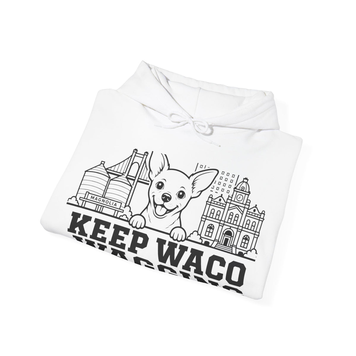 Waco Chihuahua Hoodie — Chihuahua and Waco skyline artwork, packaging or scale reference