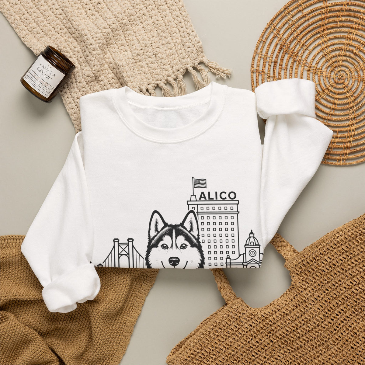 Waco Siberian Husky Sweatshirt — Siberian Husky and Waco skyline artwork, packaging or scale reference