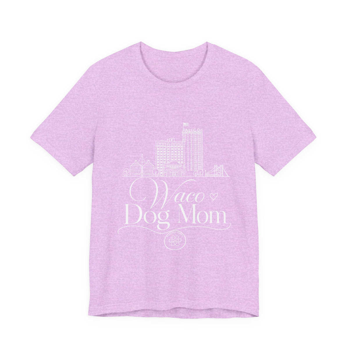 Waco Dog Mom Tee — dog mom Waco skyline artwork on Heather Prism Lilac tee
