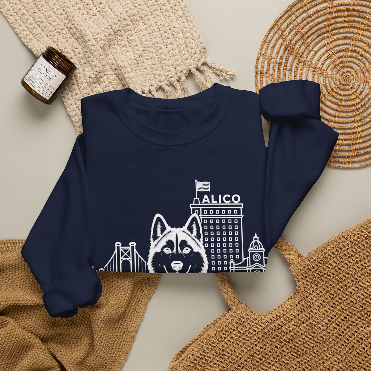 Waco Siberian Husky Sweatshirt — Siberian Husky and Waco skyline artwork, packaging or scale reference
