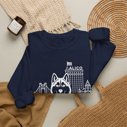 Waco Siberian Husky Sweatshirt — Siberian Husky and Waco skyline artwork, packaging or scale reference