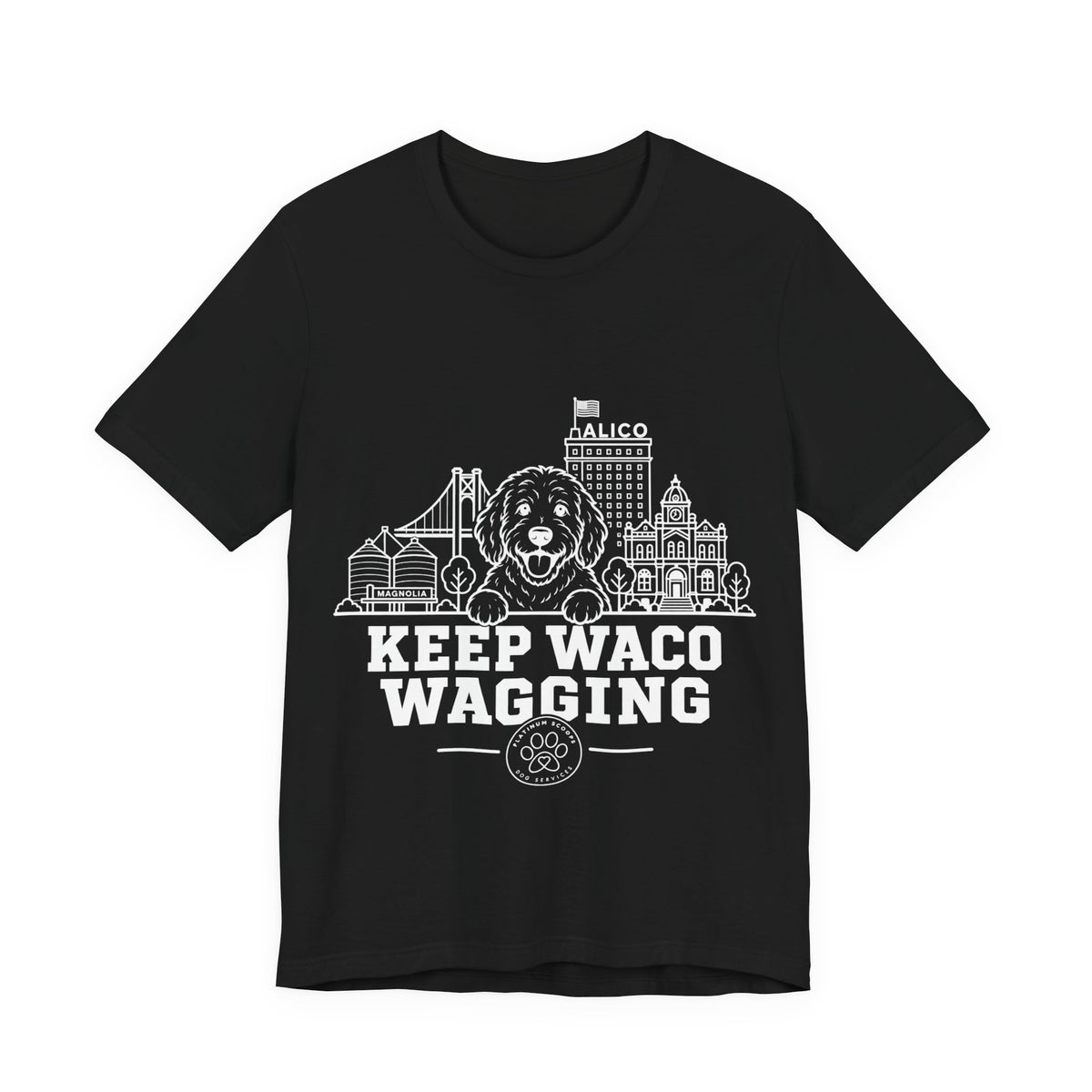 Keep Waco Wagging Doodle Edition — Doodle and Waco skyline artwork on Black tee